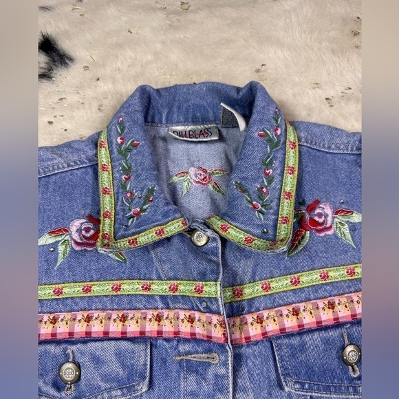 Bill Blass 90s Vintage Floral Embroidered Rhinestone Denim Jean Vest Size medium - Picture 6 of 10